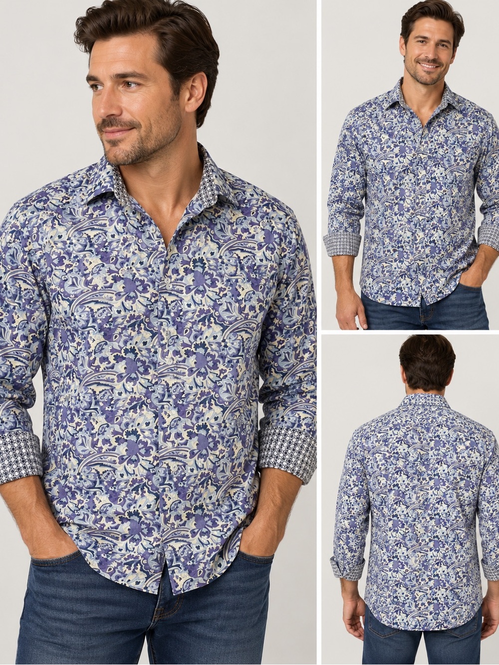 Tallia Men's Blue Floral Long-Sleeve Button-Up Shirt-XL